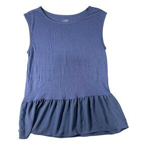 Loft Tops Womens S Tank Top Blue Peplum Mixed Media Sleeveless Rayon Knit